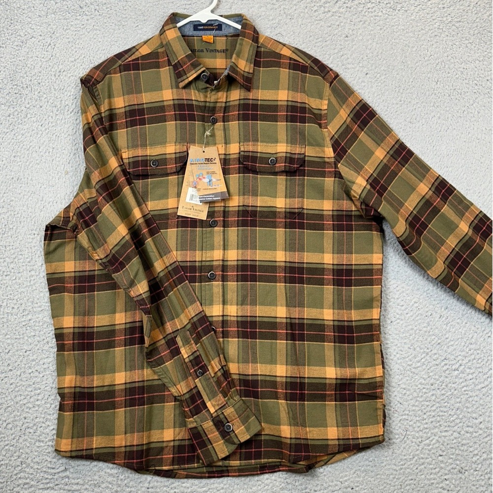 NEW Tailor Vintage Shirt Mens Medium Luxe Performance Orange Plaid Button Down